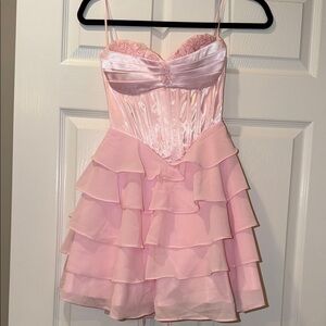 Pink Ruffled Satin & Chiffon Mini Dress